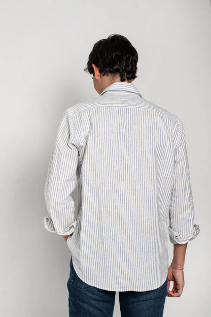 CAMISA HUESO RAYAS AZULES