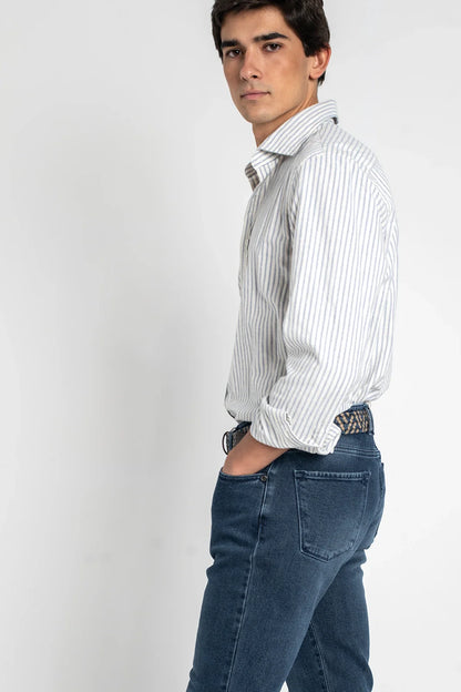 CAMISA HUESO RAYAS AZULES