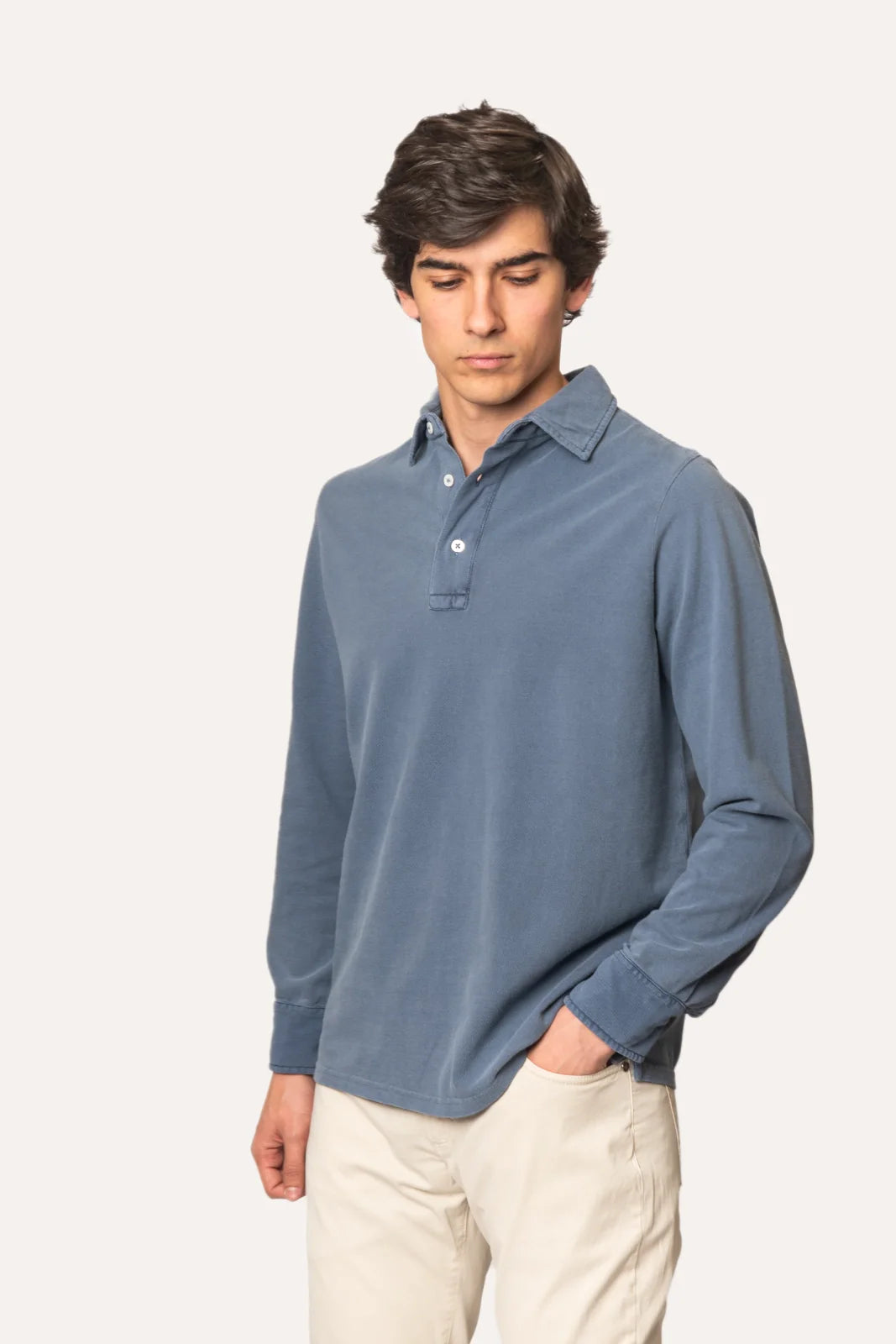 POLO PIQUÉ MANGA LARGA AZUL LAVADO