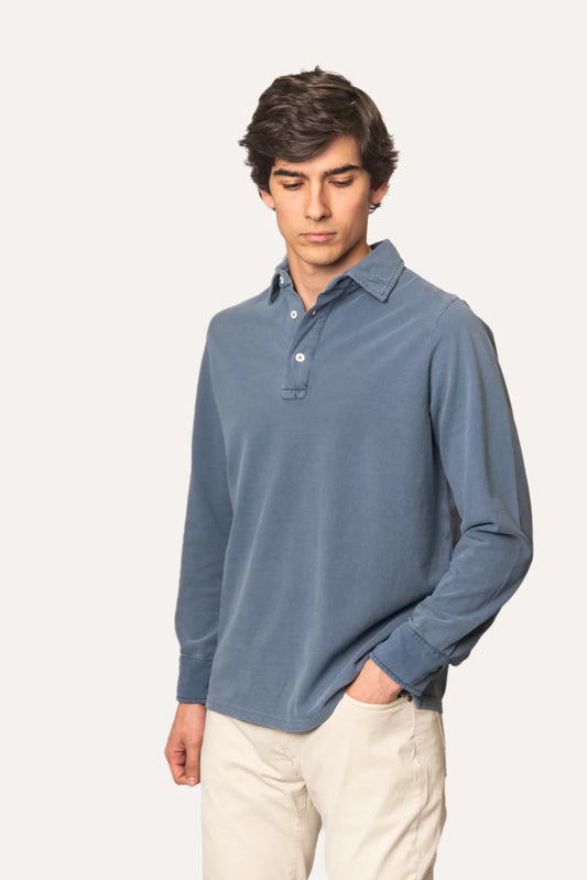 POLO PIQUÉ MANGA LARGA AZUL LAVADO